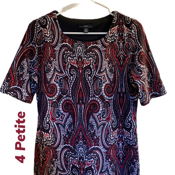 R&K Petite Dress Size 4 Shift Knee Length Deep Fall Colors Stretch Preppy - Picture 2 of 6